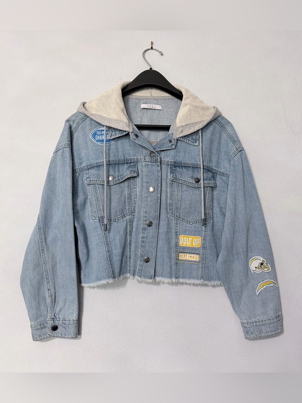Light Wash Denim Cropped Los Angeles Chargers Jacket with Hood